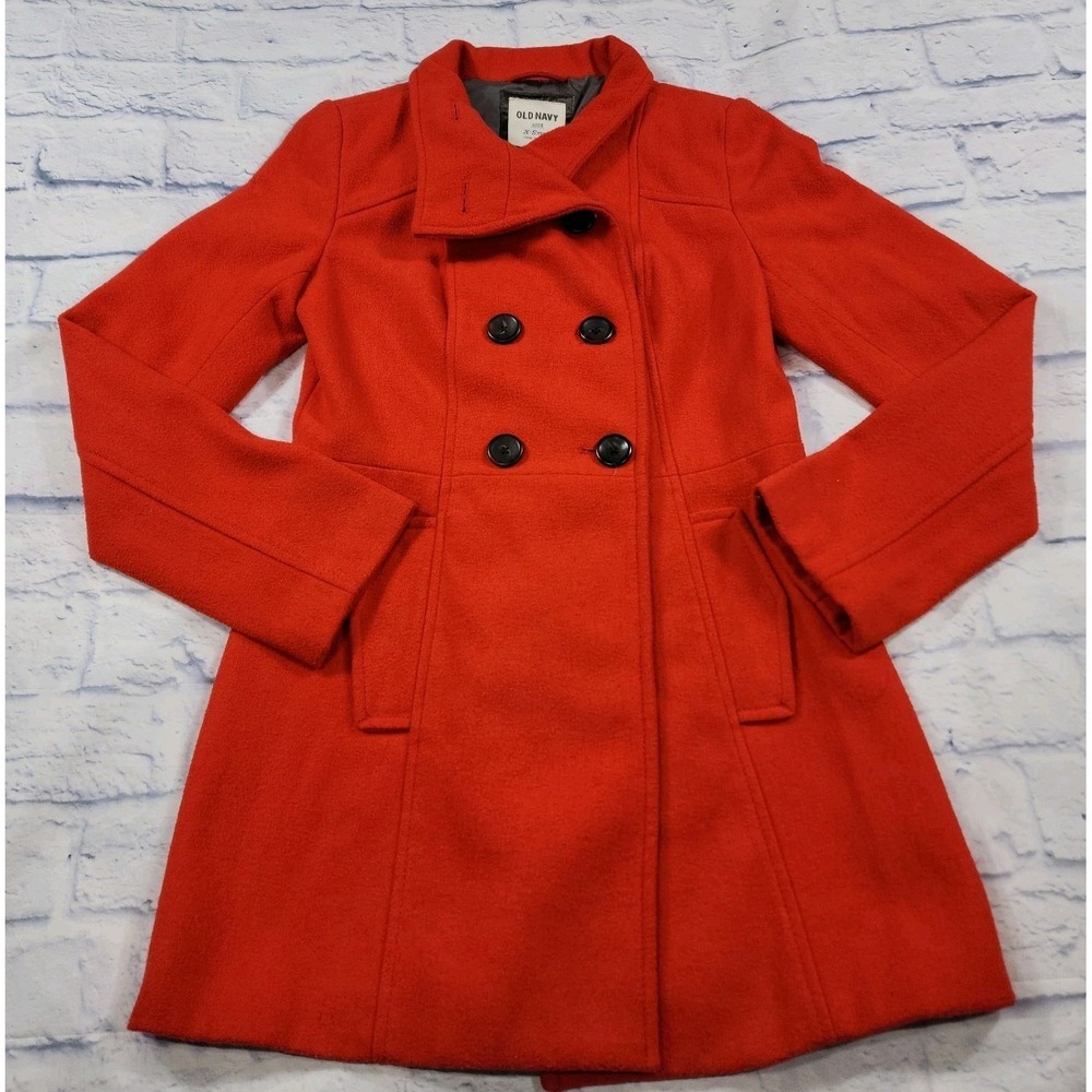 Old Navy WOMENS XS Pea Coat Jacket Heavy Red Lined Pockets Wool Blend 2011